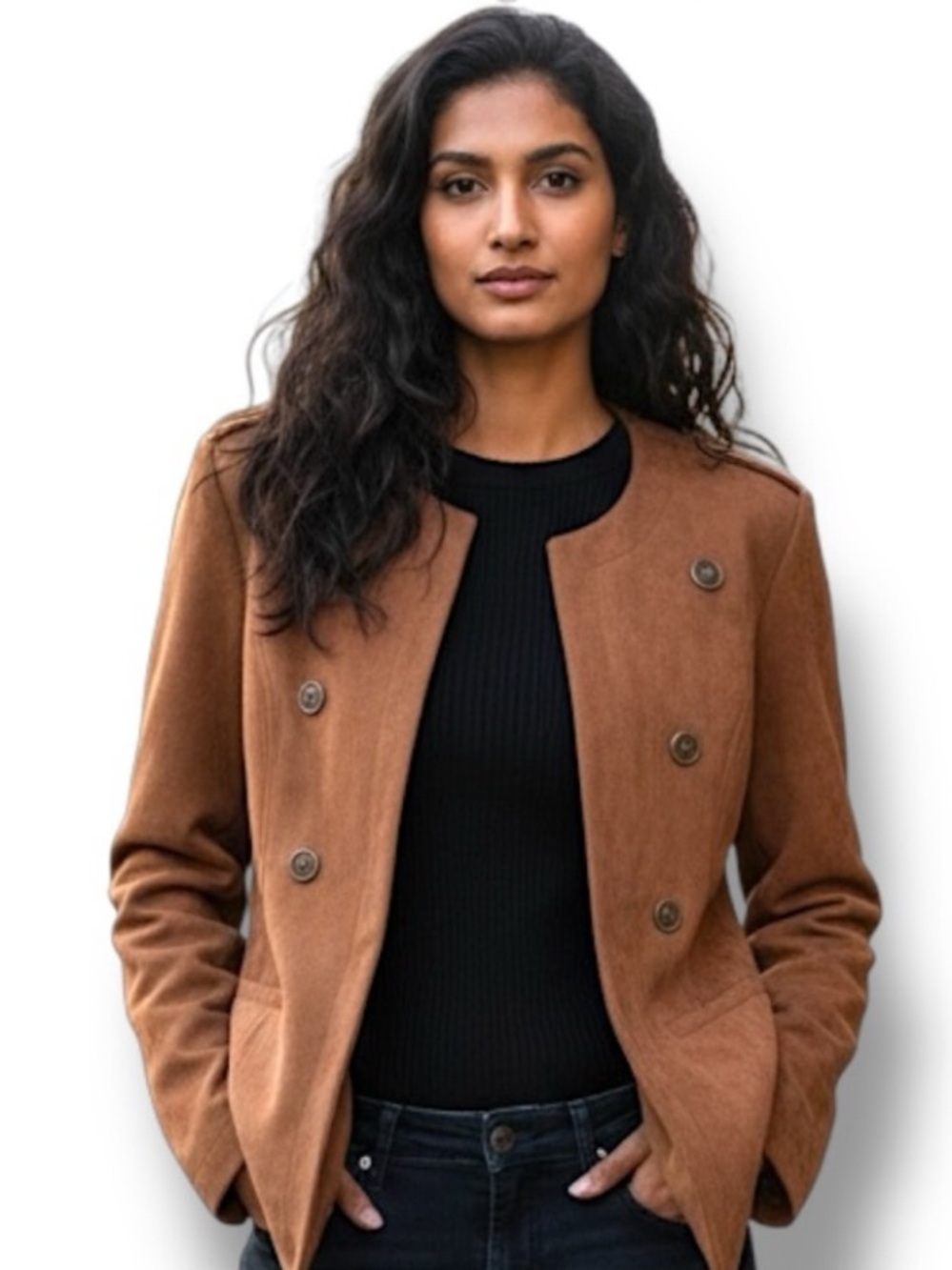 NWT T Tahari Faux Suede Open Front Military Blazer Jacket Walnut Brown 8